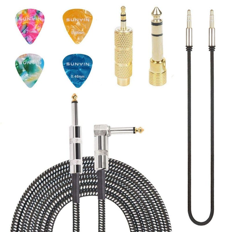 SUNYIN Amp Cord for Electric Guitar,30-Feet Acoustic Guitar Cable,Straight to Right Angle Guitar Amp Cord with Gold Plated 3.5mm&6.5mm Stereo Adapter,Audio Cable,4 Picks - Image 1